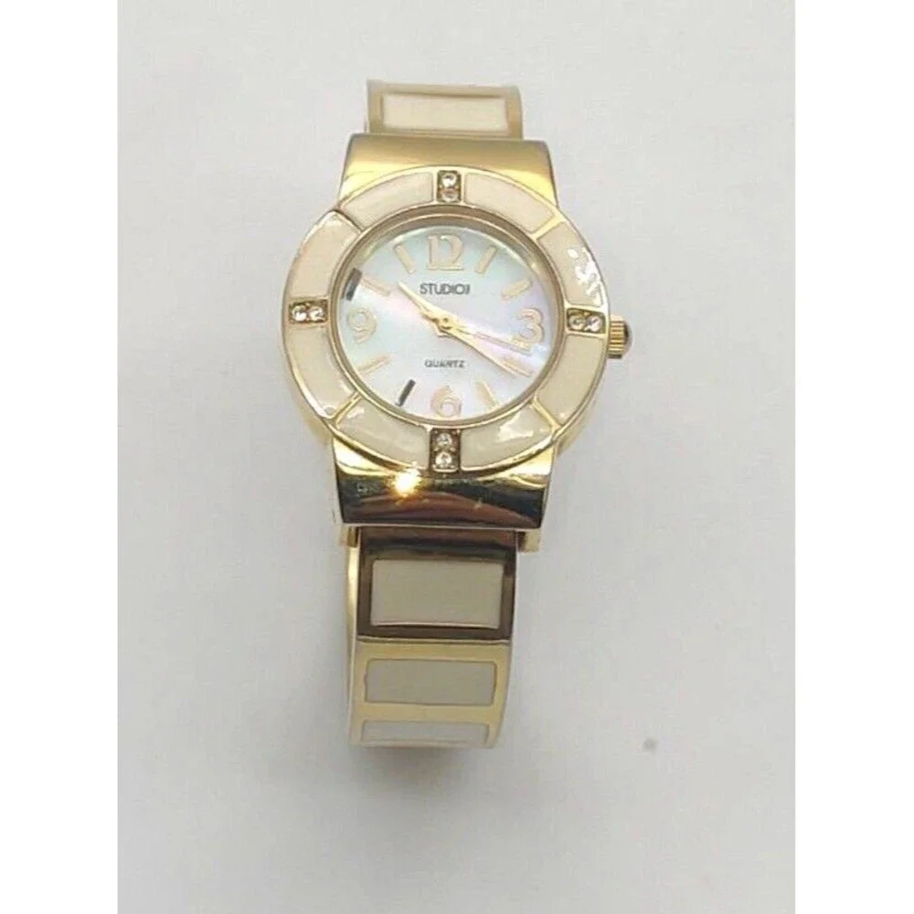 Studio Time Goldtone Creme MOP Face Bling Bezel Cuff Watch -Tested Working